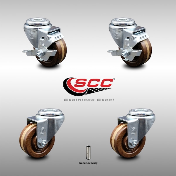 3 Inch SS High Temp Phenolic Wheel Swivel Bolt Hole Caster Set with 2 Brake SCC